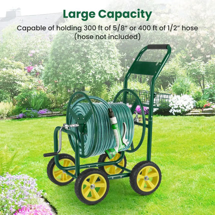 Garden Hose Reel Cart Metal Hose Cart with 4 Wheels and Storage Basket-Green - Green - Watering & Irrigation