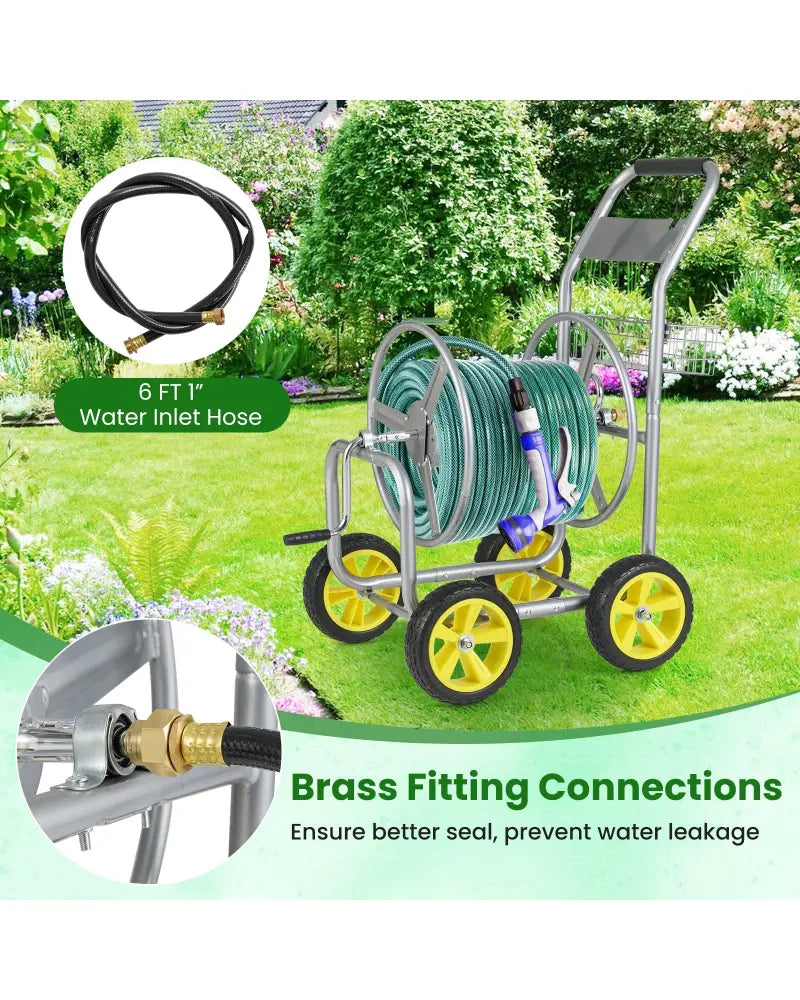 Garden Hose Reel Cart Metal Hose Cart with 4 Wheels and Storage Basket-Silver - Silver - Watering & Irrigation