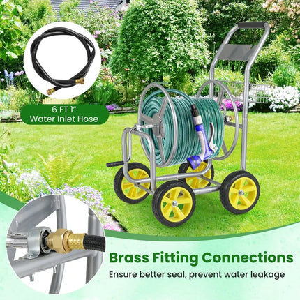 Garden Hose Reel Cart Metal Hose Cart with 4 Wheels and Storage Basket-Silver - Silver - Watering & Irrigation