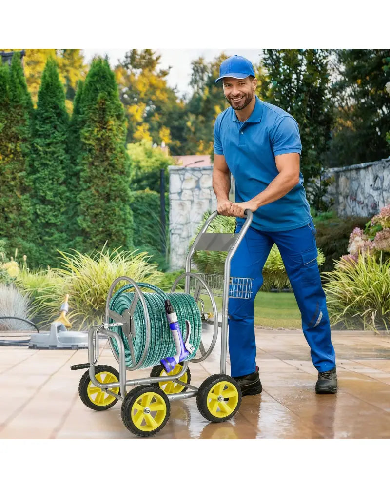 Garden Hose Reel Cart Metal Hose Cart with 4 Wheels and Storage Basket-Silver - Silver - Watering & Irrigation
