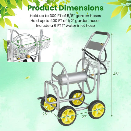 Garden Hose Reel Cart Metal Hose Cart with 4 Wheels and Storage Basket-Silver - Silver - Watering & Irrigation