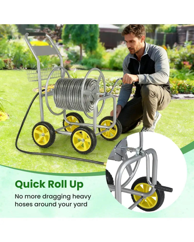 Garden Hose Reel Cart Metal Hose Cart with 4 Wheels and Storage Basket-Silver - Silver - Watering & Irrigation