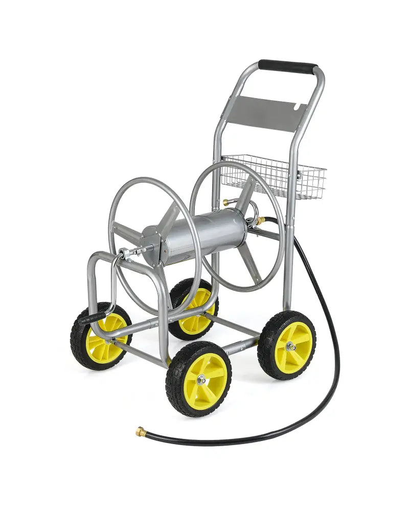 Garden Hose Reel Cart Metal Hose Cart with 4 Wheels and Storage Basket-Silver - Silver - Watering & Irrigation