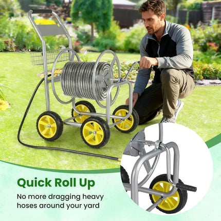 Garden Hose Reel Cart Metal Hose Cart with 4 Wheels and Storage Basket-Silver - Silver - Watering & Irrigation