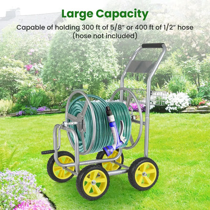 Garden Hose Reel Cart Metal Hose Cart with 4 Wheels and Storage Basket-Silver - Silver - Watering & Irrigation