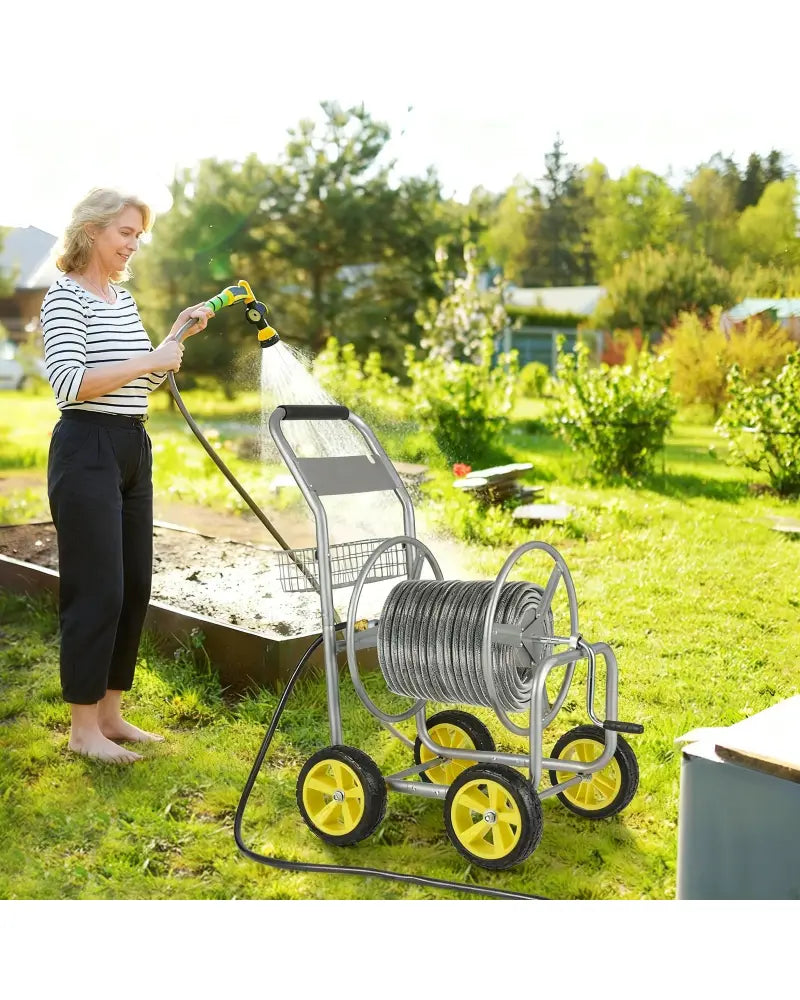 Garden Hose Reel Cart Metal Hose Cart with 4 Wheels and Storage Basket-Silver - Silver - Watering & Irrigation