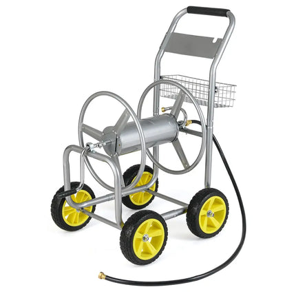 Garden Hose Reel Cart Metal Hose Cart with 4 Wheels and Storage Basket-Silver - Silver - Watering & Irrigation