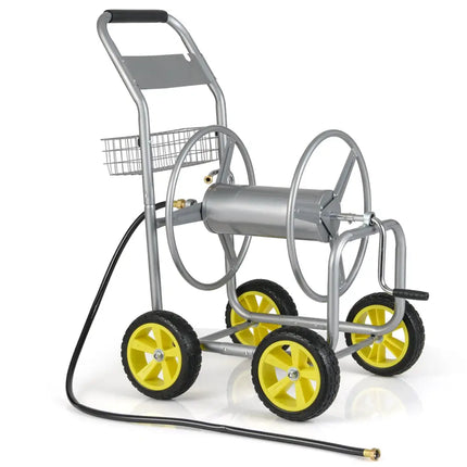 Garden Hose Reel Cart Metal Hose Cart with 4 Wheels and Storage Basket-Silver - Silver - Watering & Irrigation