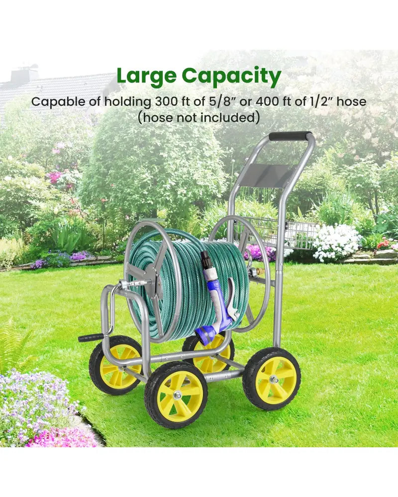 Garden Hose Reel Cart Metal Hose Cart with 4 Wheels and Storage Basket-Silver - Silver - Watering & Irrigation