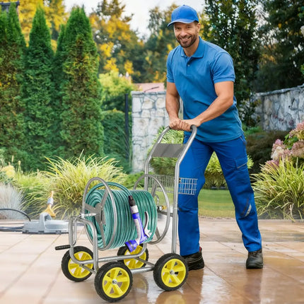 Garden Hose Reel Cart Metal Hose Cart with 4 Wheels and Storage Basket-Silver - Silver - Watering & Irrigation