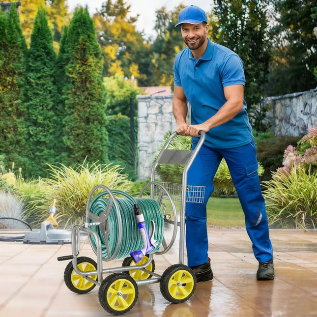 Garden Hose Reel Cart Metal Hose Cart with 4 Wheels and Storage Basket-Silver - Silver - Watering & Irrigation