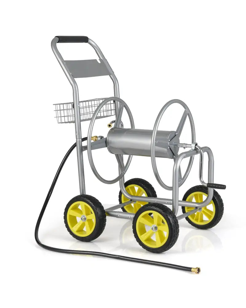 Garden Hose Reel Cart Metal Hose Cart with 4 Wheels and Storage Basket-Silver - Silver - Watering & Irrigation