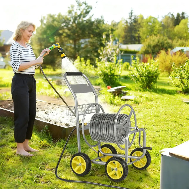 Garden Hose Reel Cart Metal Hose Cart with 4 Wheels and Storage Basket-Silver - Silver - Watering & Irrigation