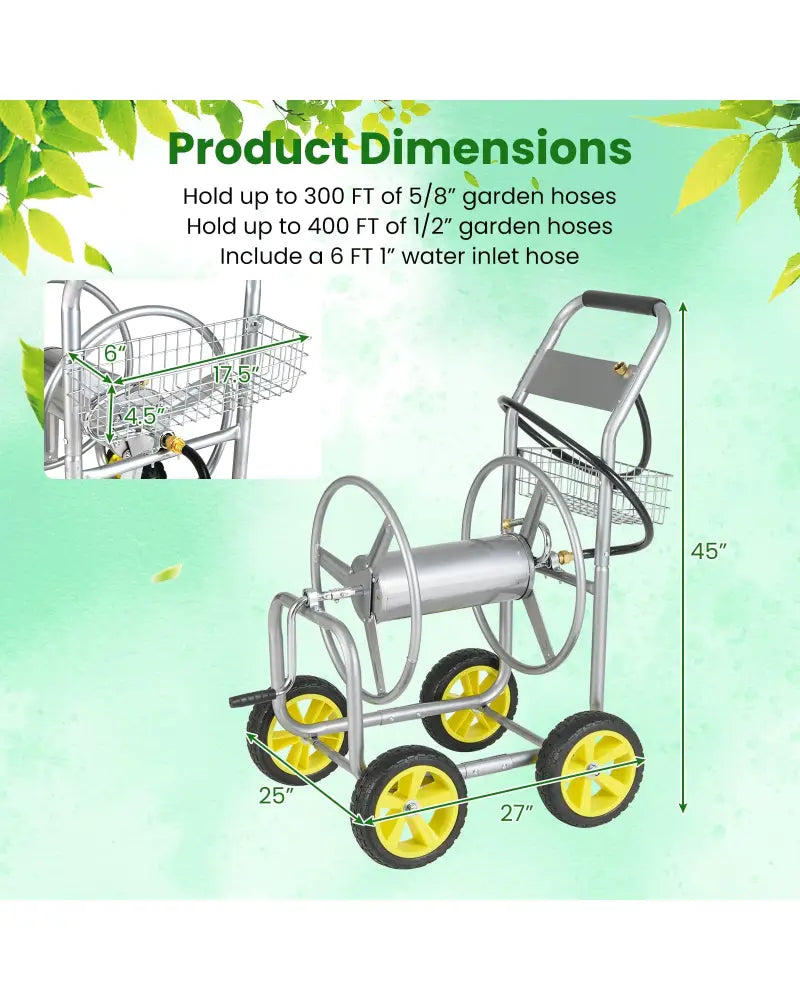 Garden Hose Reel Cart Metal Hose Cart with 4 Wheels and Storage Basket-Silver - Silver - Watering & Irrigation