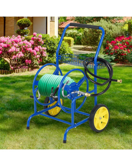 Garden Hose Reel Cart with 2 Wheels and Storage Basket-Blue - Blue - Watering & Irrigation