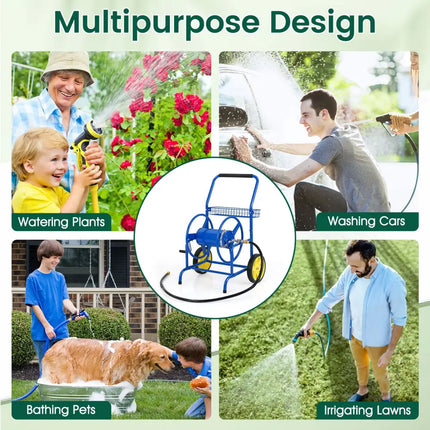 Garden Hose Reel Cart with 2 Wheels and Storage Basket-Blue - Blue - Watering & Irrigation
