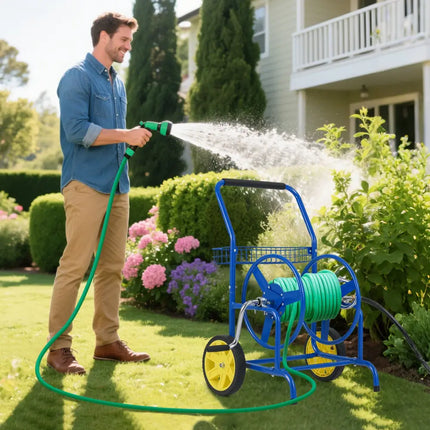 Garden Hose Reel Cart with 2 Wheels and Storage Basket-Blue - Blue - Watering & Irrigation