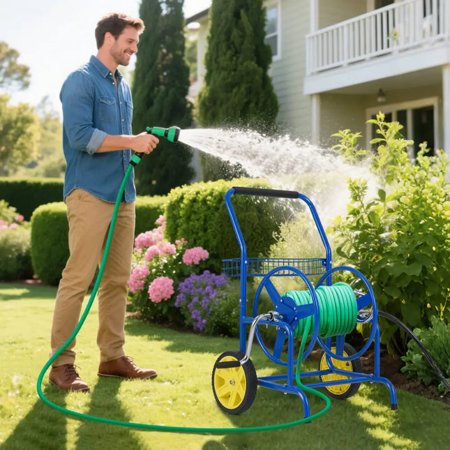 Garden Hose Reel Cart with 2 Wheels and Storage Basket-Blue - Blue - Watering & Irrigation