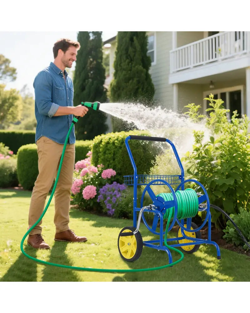 Garden Hose Reel Cart with 2 Wheels and Storage Basket-Blue - Blue - Watering & Irrigation