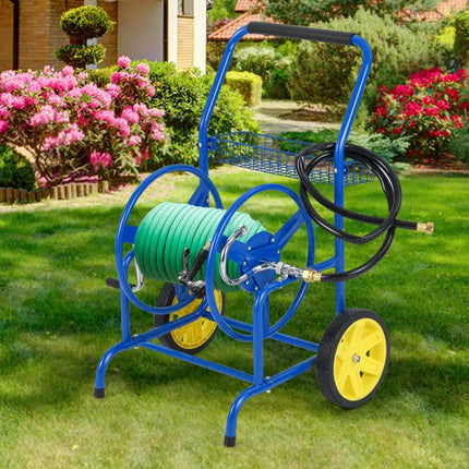 Garden Hose Reel Cart with 2 Wheels and Storage Basket-Blue - Blue - Watering & Irrigation