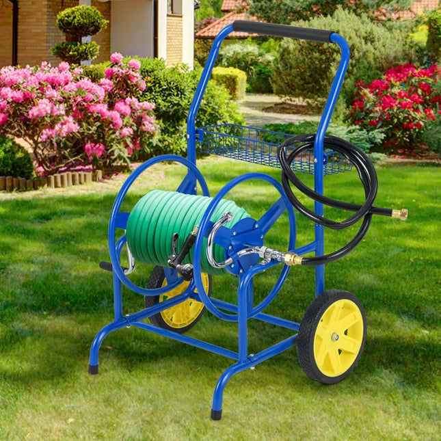 Garden Hose Reel Cart with 2 Wheels and Storage Basket-Blue - Blue - Watering & Irrigation
