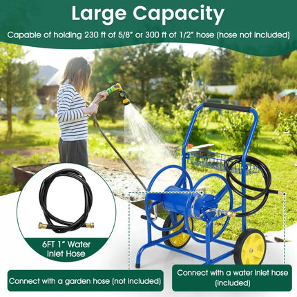 Garden Hose Reel Cart with 2 Wheels and Storage Basket-Blue - Blue - Watering & Irrigation