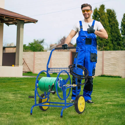 Garden Hose Reel Cart with 2 Wheels and Storage Basket-Blue - Blue - Watering & Irrigation
