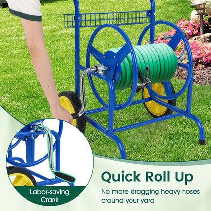 Garden Hose Reel Cart with 2 Wheels and Storage Basket-Blue - Blue - Watering & Irrigation