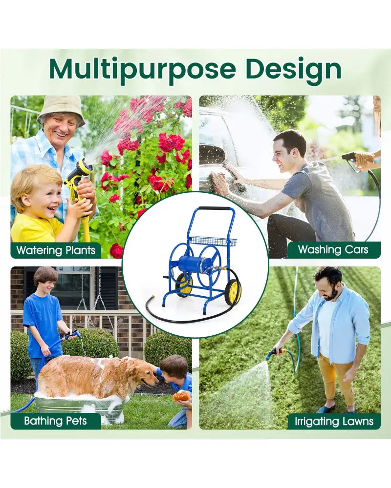 Garden Hose Reel Cart with 2 Wheels and Storage Basket-Blue - Blue - Watering & Irrigation