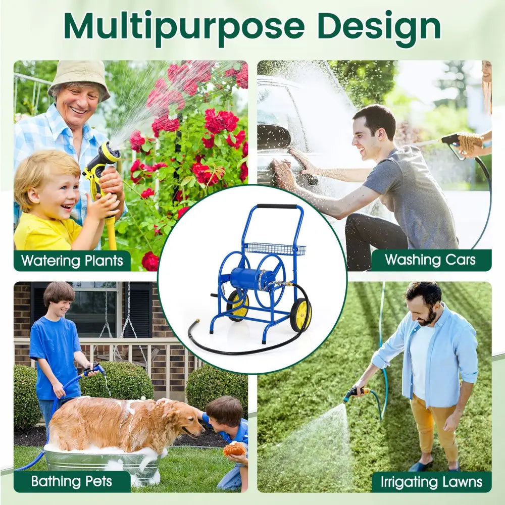 Garden Hose Reel Cart with 2 Wheels and Storage Basket-Blue - Blue - Watering & Irrigation