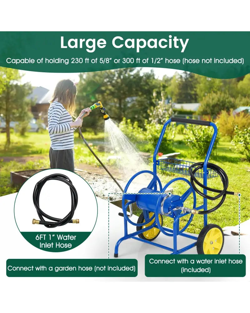 Garden Hose Reel Cart with 2 Wheels and Storage Basket-Blue - Blue - Watering & Irrigation
