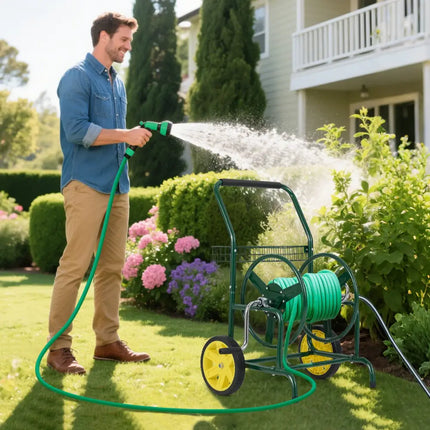 Garden Hose Reel Cart with 2 Wheels and Storage Basket-Green - Green - Watering & Irrigation