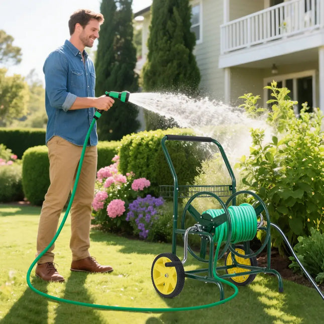 Garden Hose Reel Cart with 2 Wheels and Storage Basket-Green - Green - Watering & Irrigation