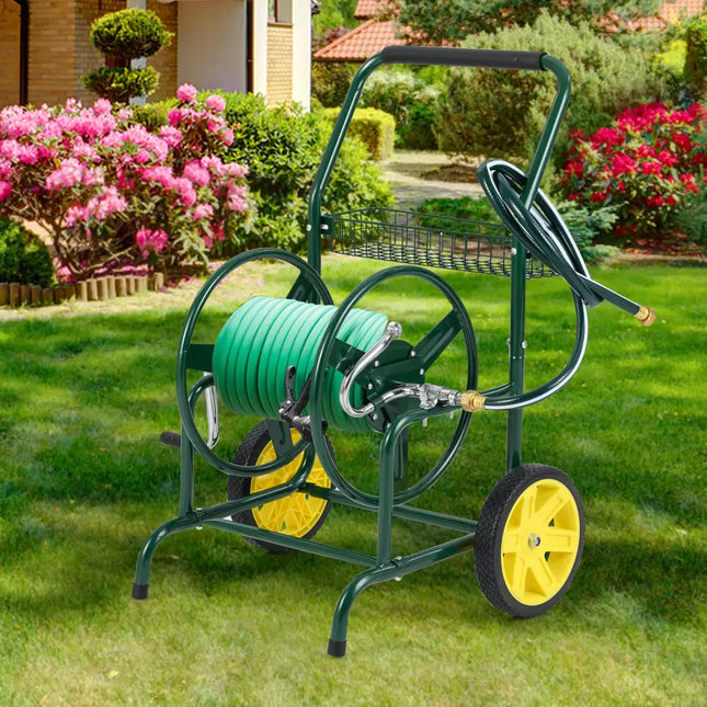 Garden Hose Reel Cart with 2 Wheels and Storage Basket-Green - Green - Watering & Irrigation