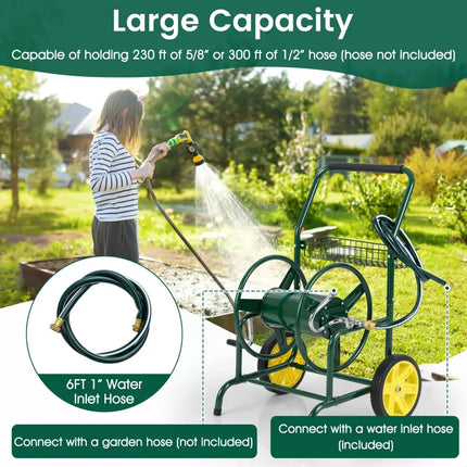 Garden Hose Reel Cart with 2 Wheels and Storage Basket-Green - Green - Watering & Irrigation
