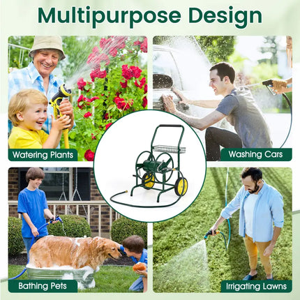 Garden Hose Reel Cart with 2 Wheels and Storage Basket-Green - Green - Watering & Irrigation