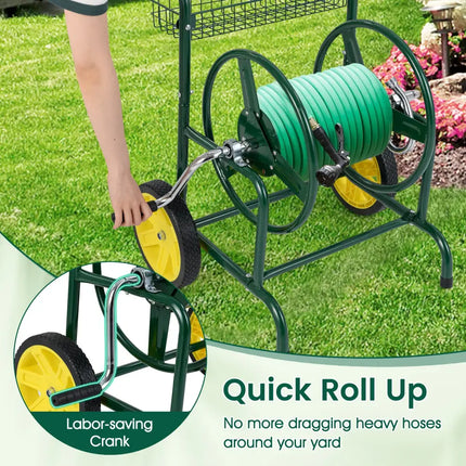 Garden Hose Reel Cart with 2 Wheels and Storage Basket-Green - Green - Watering & Irrigation