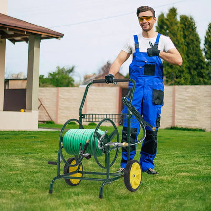 Garden Hose Reel Cart with 2 Wheels and Storage Basket-Green - Green - Watering & Irrigation