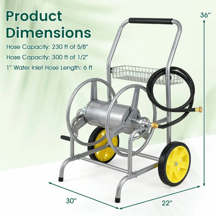 Garden Hose Reel Cart with 2 Wheels and Storage Basket-Silver - Silver - Watering & Irrigation