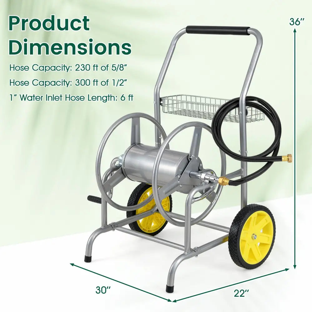Garden Hose Reel Cart with 2 Wheels and Storage Basket-Silver - Silver - Watering & Irrigation