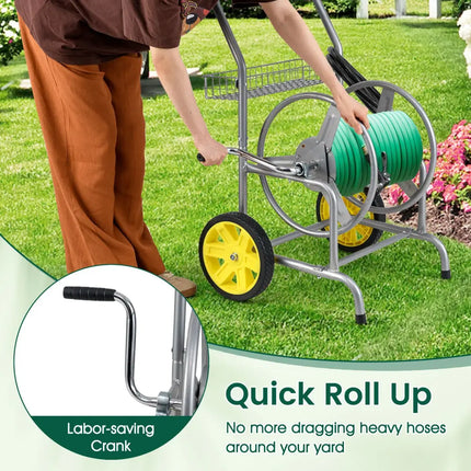 Garden Hose Reel Cart with 2 Wheels and Storage Basket-Silver - Silver - Watering & Irrigation
