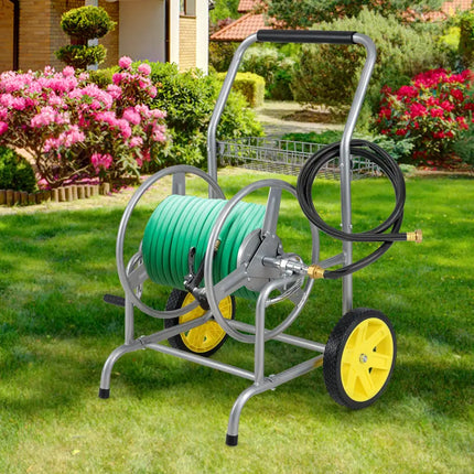 Garden Hose Reel Cart with 2 Wheels and Storage Basket-Silver - Silver - Watering & Irrigation