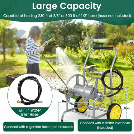 Garden Hose Reel Cart with 2 Wheels and Storage Basket-Silver - Silver - Watering & Irrigation