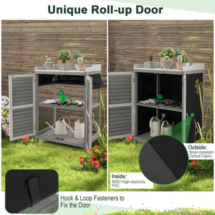 Garden Potting Bench Table with 2 Storage Shelves and Metal Plated Tabletop-Gray - Gray - Potting Benches & Tables