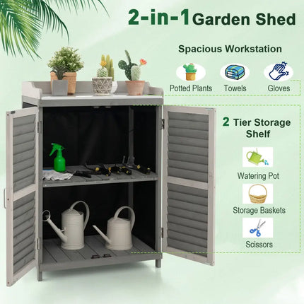Garden Potting Bench Table with 2 Storage Shelves and Metal Plated Tabletop-Gray - Gray - Potting Benches & Tables