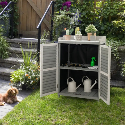 Garden Potting Bench Table with 2 Storage Shelves and Metal Plated Tabletop-Gray - Gray - Potting Benches & Tables