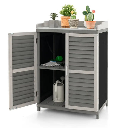 Garden Potting Bench Table with 2 Storage Shelves and Metal Plated Tabletop-Gray - Gray - Potting Benches & Tables