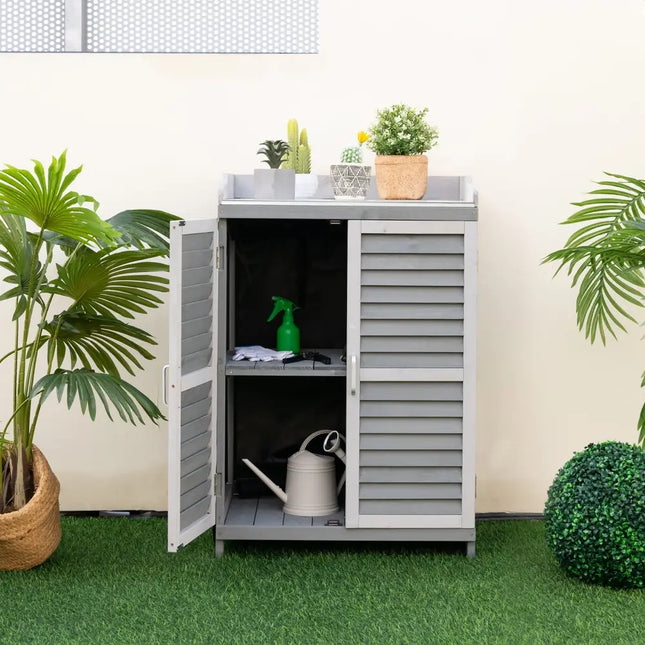 Garden Potting Bench Table with 2 Storage Shelves and Metal Plated Tabletop-Gray - Gray - Potting Benches & Tables