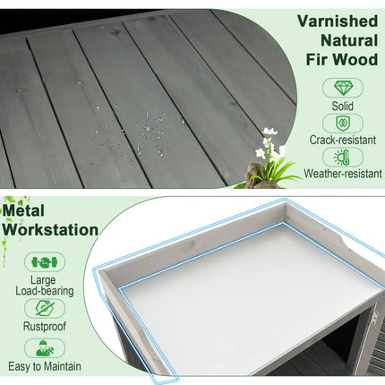 Garden Potting Bench Table with 2 Storage Shelves and Metal Plated Tabletop-Gray - Gray - Potting Benches & Tables