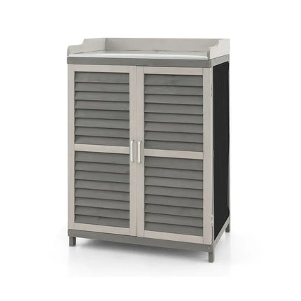 Garden Potting Bench Table with 2 Storage Shelves and Metal Plated Tabletop-Gray - Gray - Potting Benches & Tables